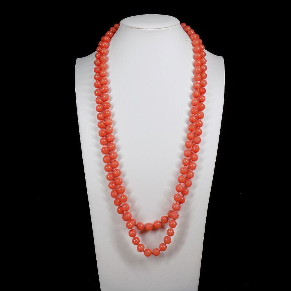 Kissaka 58" Long Necklace Orange Glass Ball Beads Hand Knotted Faux Coral Signed
